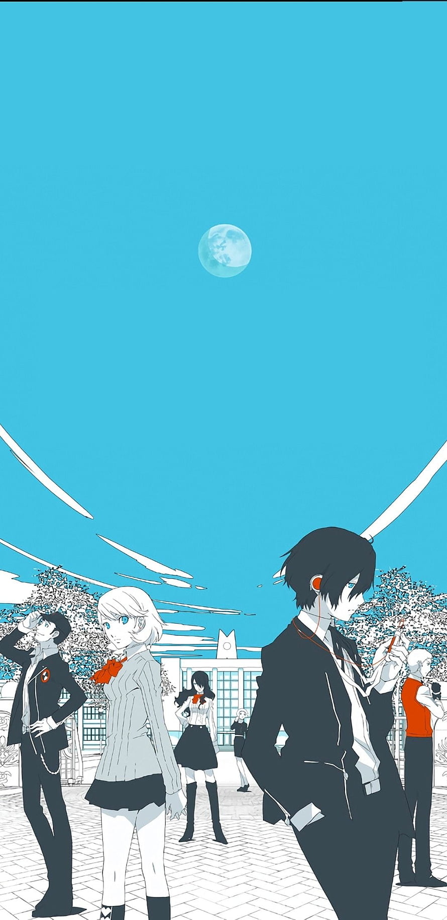 Persona 3 anime characters in school uniforms under a bright blue sky with a full moon HD phone wallpaper