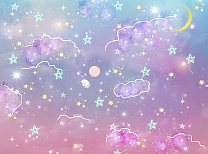 Cute White Bunny Floating with Balloon in Pastel Galaxy Sky with Stars and Clouds HD wallpaper