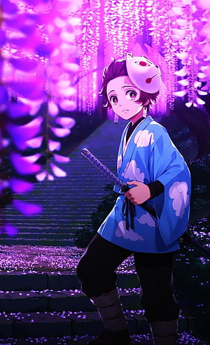 Tanjiro Kamado in Blue Kimono Under Purple Wisteria Trees HD phone wallpaper