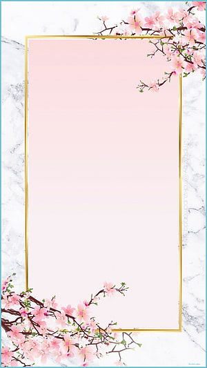 Elegant Pink Cherry Blossom Frame with Gold Border on Marble Background HD phone wallpaper