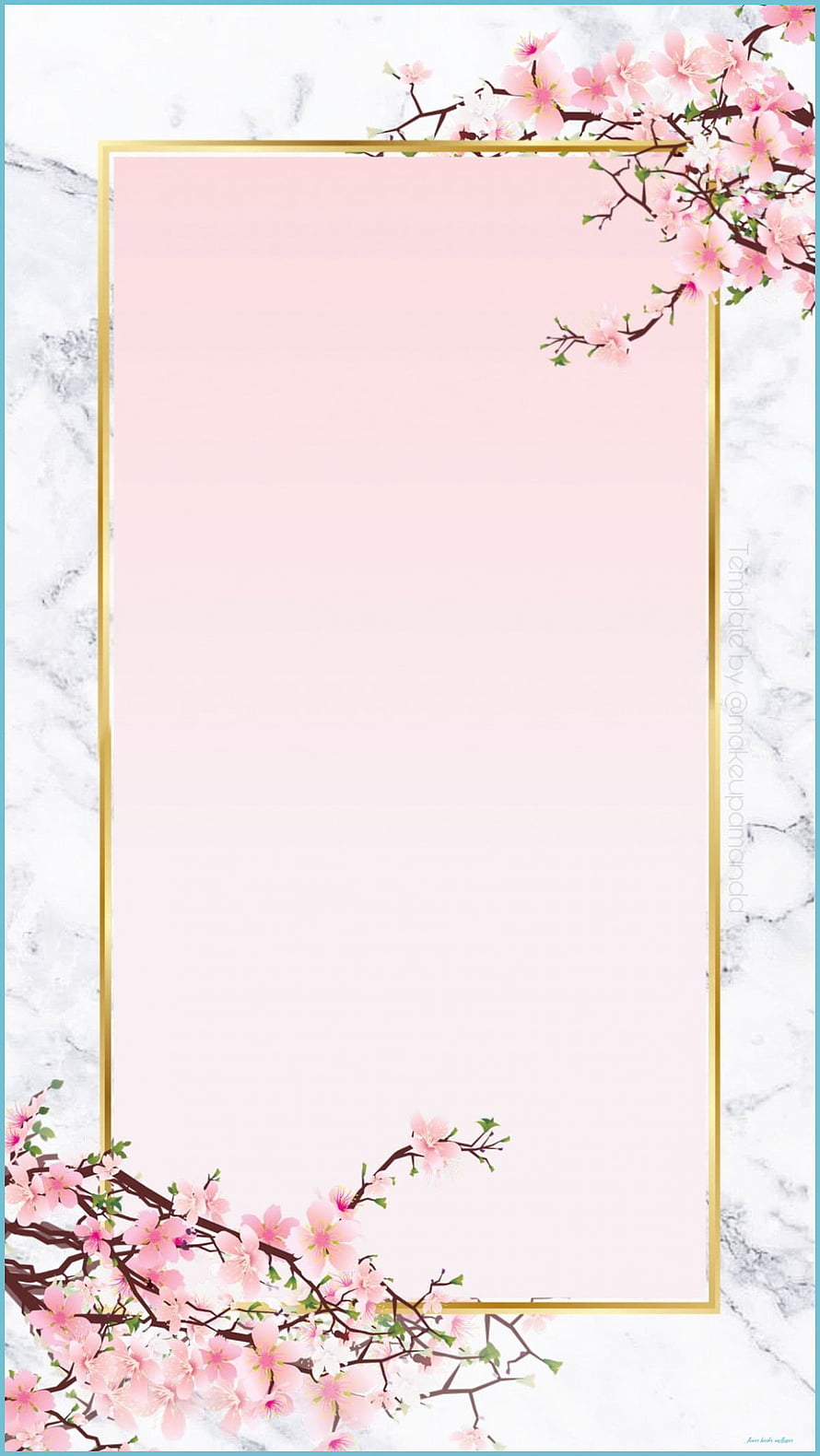 Elegant Pink Cherry Blossom Frame with Gold Border on Marble Background HD phone wallpaper