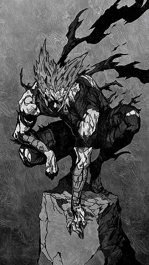 Dark Anime Character Crouching on Rock with Shadowy Energy Aura HD phone wallpaper