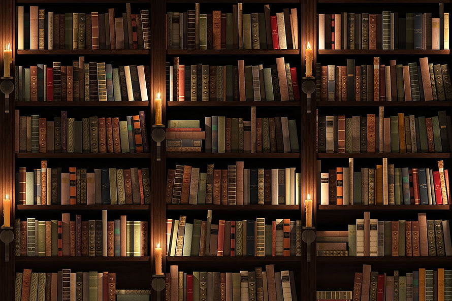 Vintage Library Bookshelves With Candles And Antique Leather Books HD wallpaper