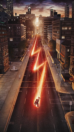 The Flash Running Through a City Street with Electric Lightning Trails at Sunset HD phone wallpaper