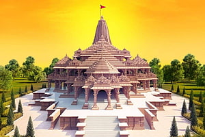Majestic 3D architectural rendering of a traditional Indian temple with intricate carvings and a golden sunset background HD wallpaper