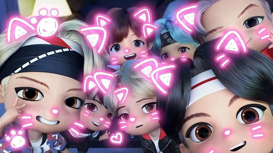 BTS Tiny Tan Chibi Characters With Glowing Neon Cat Ears And Whiskers HD wallpaper