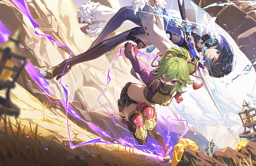 Yelan and Xingqiu in Dynamic Combat Scene from Genshin Impact HD wallpaper