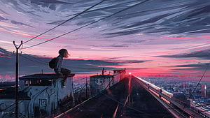 Anime Girl Sitting on Rooftop Overlooking City at Sunset HD wallpaper