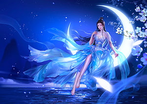Ethereal Fantasy Woman in Blue Dress Floating by Moonlit Water, Moon Lady, digital, art, fantasy, moon, , girl, woman, blue, beautiful, lamamake HD wallpaper