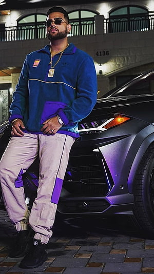 Man in Blue Adidas Tracksuit Leaning on Matte Black Lexus SUV at Night, Karan Aujla, Karan Aujla Punjabi, karan aujla punjbai HD phone wallpaper