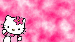 Cute Hello Kitty with Pink Flower on Soft Blurred Pink Background HD wallpaper