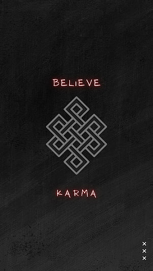 Believe Karma Neon Text With Endless Knot Symbol On Dark Textured Background HD phone wallpaper