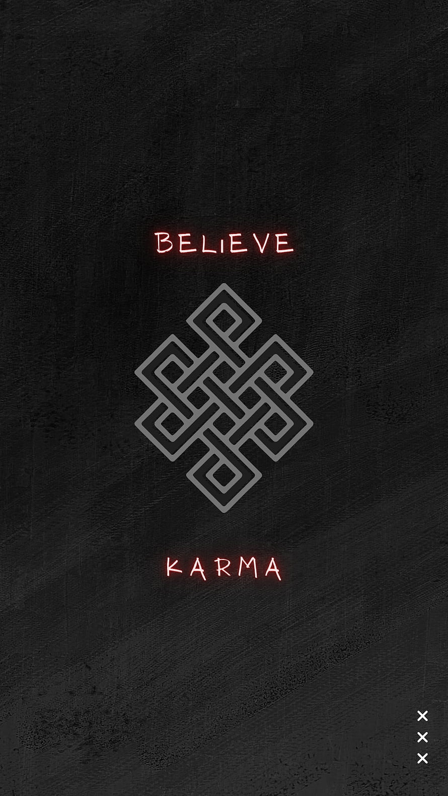 Believe Karma Neon Text With Endless Knot Symbol On Dark Textured Background HD phone wallpaper