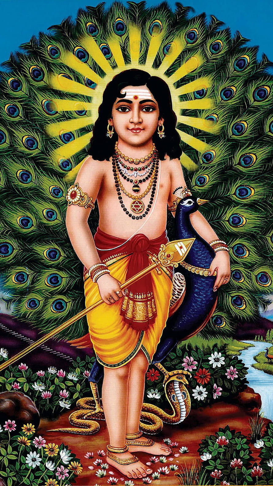 Lord Kartikeya Hindu Deity Standing With Peacock And Spear HD phone wallpaper
