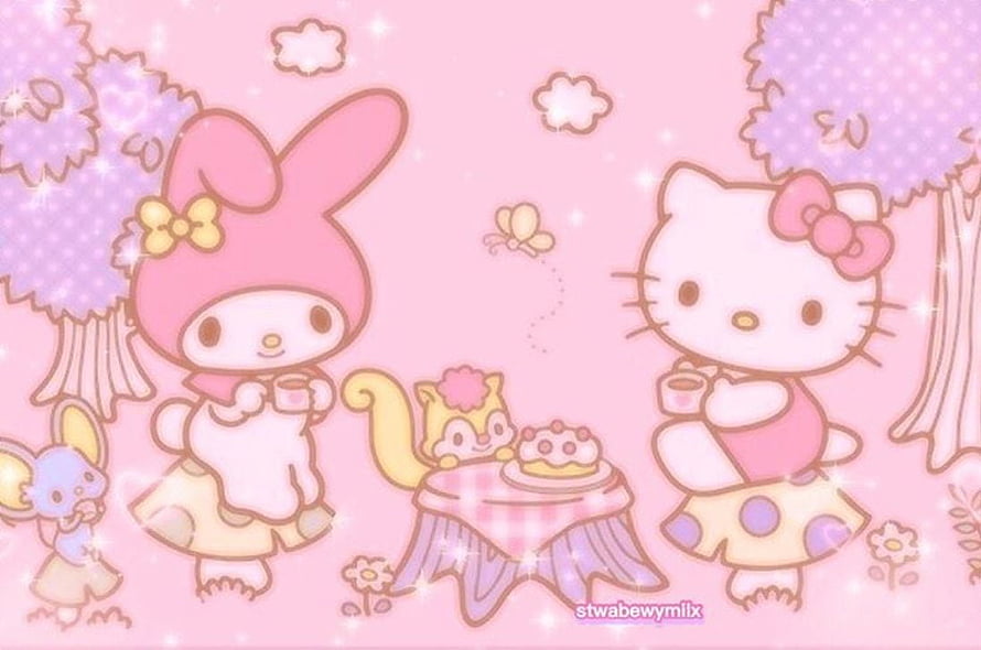 Hello Kitty and My Melody Enjoying a Cute Pink Picnic with Friends HD wallpaper