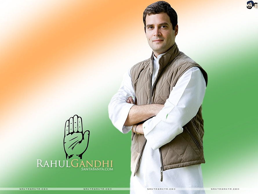 Rahul Gandhi in White Kurta and Brown Quilted Vest with Indian Flag Background HD wallpaper