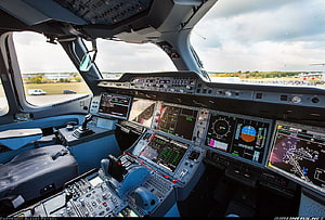 Airbus A350 Cockpit Interior With Digital Flight Deck Displays And Control Panels HD wallpaper