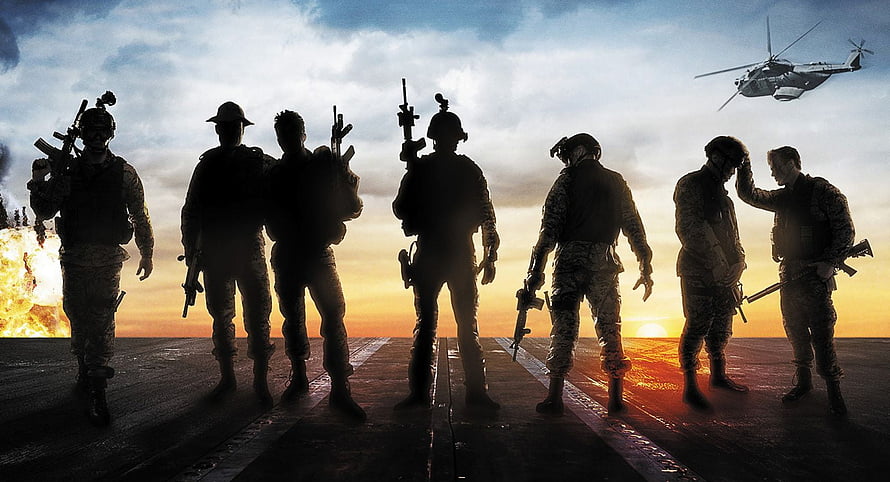 Silhouetted Special Forces Soldiers on Airfield at Sunset with Helicopter HD wallpaper