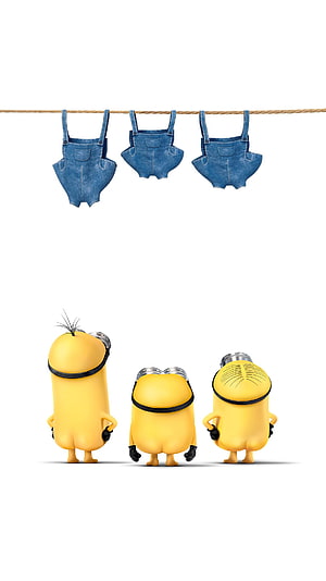 Three Minions Standing Below Hanging Denim Overalls on a Clothesline HD phone wallpaper