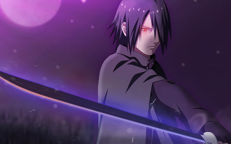 Sasuke Uchiha wielding a glowing sword under a purple moonlit sky HD wallpaper