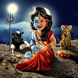 Baby Lord Shiva Sitting With Nandi Bull And Lion Cub Under Moonlight HD phone wallpaper