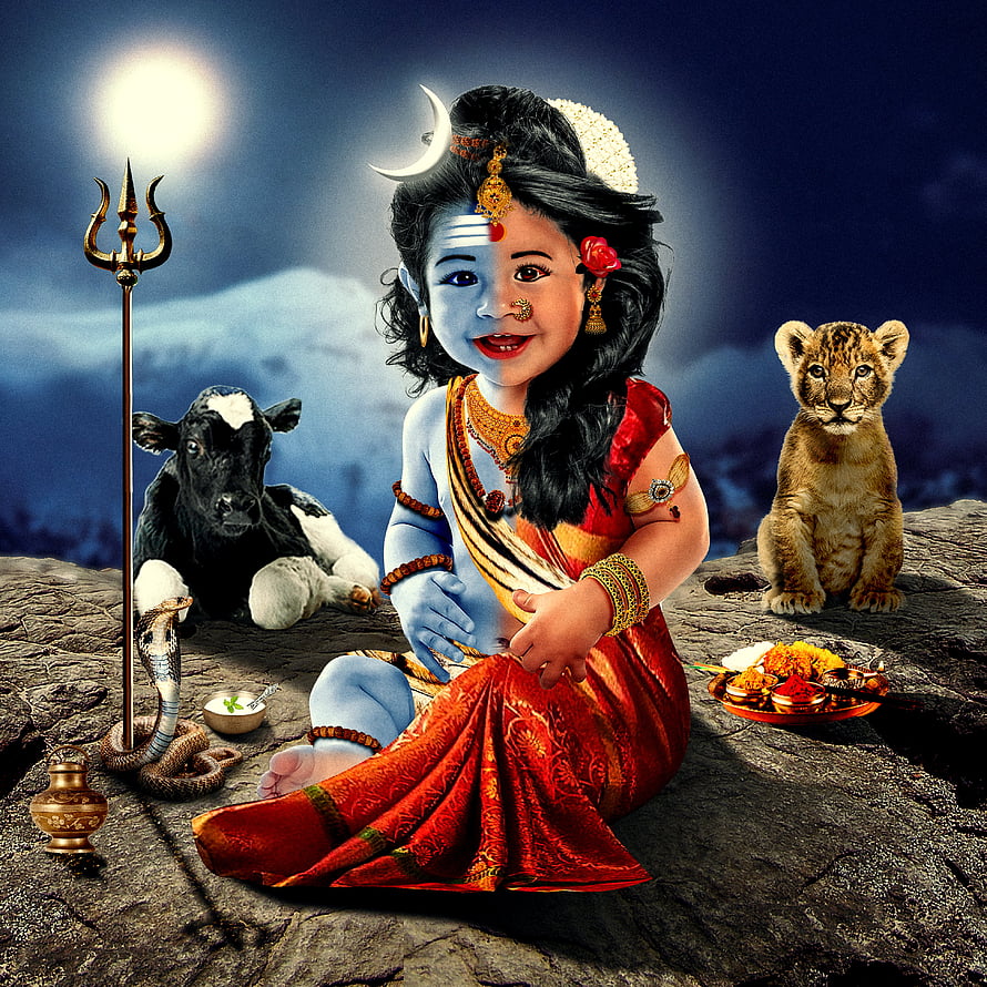 Baby Lord Shiva Sitting With Nandi Bull And Lion Cub Under Moonlight HD phone wallpaper