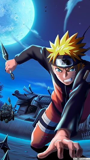 Naruto Uzumaki Running With Kunai Under Full Moon Night Anime Wallpaper HD phone wallpaper