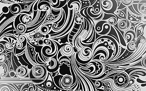 Intricate Black and White Ornamental Pattern with Swirling Floral Motifs and Abstract Geometric Shapes HD wallpaper