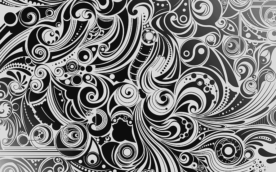 Intricate Black and White Ornamental Pattern with Swirling Floral Motifs and Abstract Geometric Shapes HD wallpaper