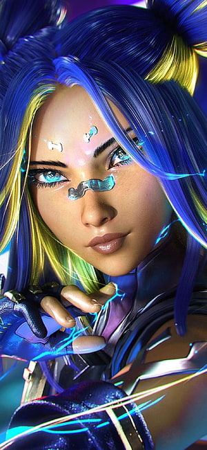 Neon Valorant Character Close-Up Portrait with Neon Blue Hair and Glowing Cybernetic Details HD phone wallpaper