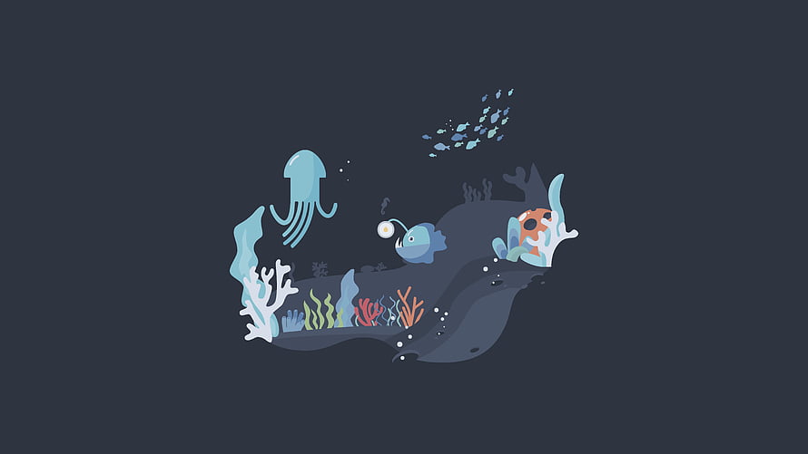 Minimalist Flat Vector Illustration of a Dark Underwater Scene with Jellyfish and Coral Reef HD wallpaper