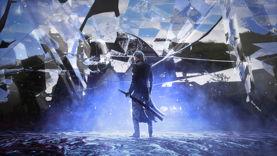 Vergil from Devil May Cry 5 standing in shattered crystal with blue energy HD wallpaper