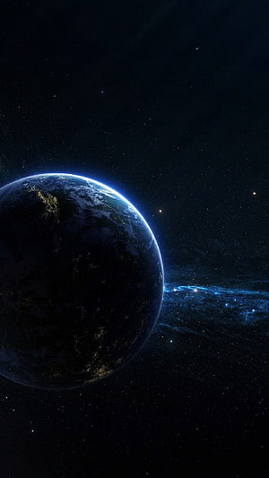 Dark Earth Planet Viewed From Deep Space With Distant Galaxy And Starfield HD phone wallpaper