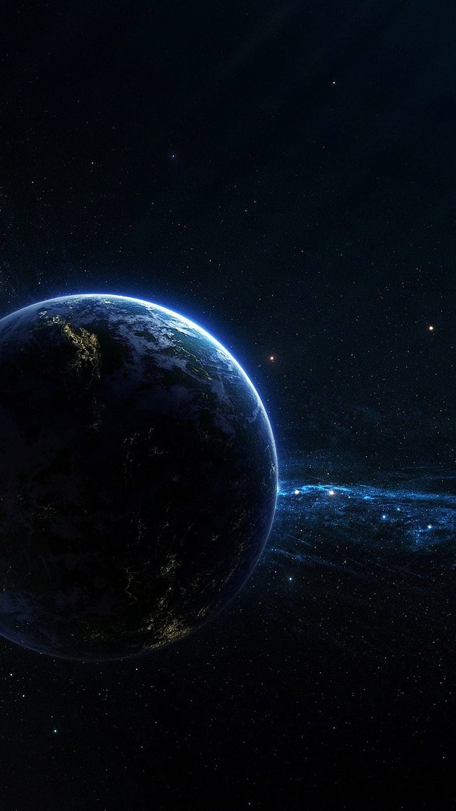 Dark Earth Planet Viewed From Deep Space With Distant Galaxy And Starfield HD phone wallpaper