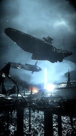 Massive Star Destroyer Hovering Over Futuristic Spaceport City HD phone wallpaper