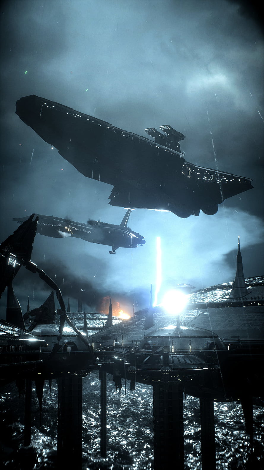 Massive Star Destroyer Hovering Over Futuristic Spaceport City HD phone wallpaper