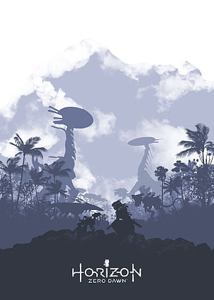 Horizon Zero Dawn Silhouette Artwork Featuring Aloy and Machine Creatures in a Tropical Landscape HD phone wallpaper