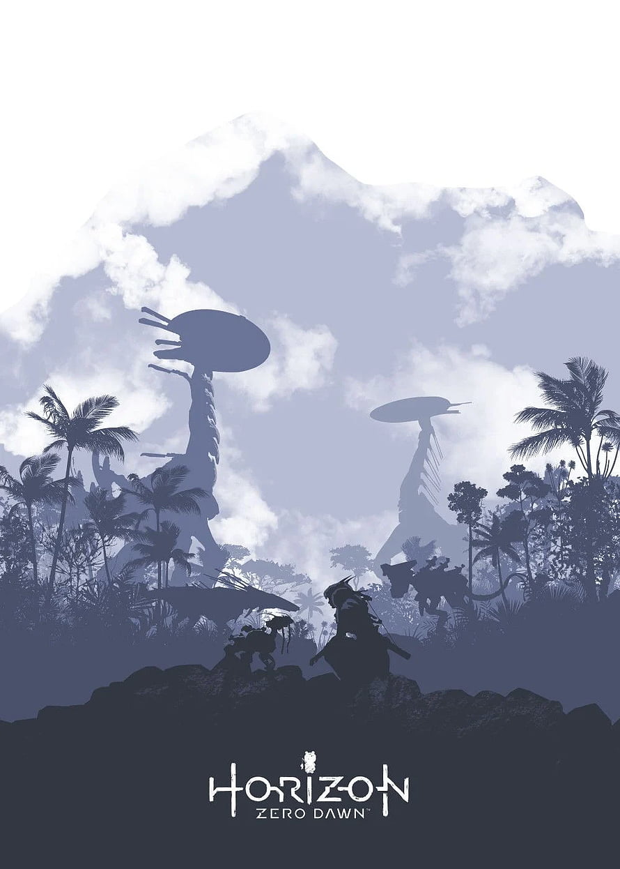 Horizon Zero Dawn Silhouette Artwork Featuring Aloy and Machine Creatures in a Tropical Landscape HD phone wallpaper