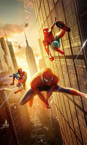 Three Spider-Man Variants Swinging Through New York City at Sunset, Spider-Man nwh, no way home HD phone wallpaper