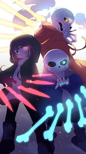 Undertale Sans and Frisk Anime Style Illustration with Glowing Bone Attacks HD phone wallpaper