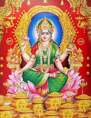 Goddess Lakshmi Seated on Lotus with Wealth and Gold Coins in Traditional Indian Art HD phone wallpaper