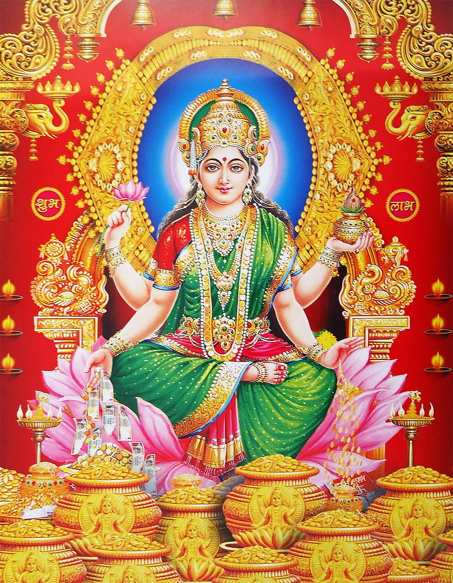 Goddess Lakshmi Seated on Lotus with Wealth and Gold Coins in Traditional Indian Art HD phone wallpaper