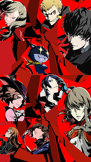 Persona 5 Royal Character Group Portrait on Red Geometric Background HD phone wallpaper