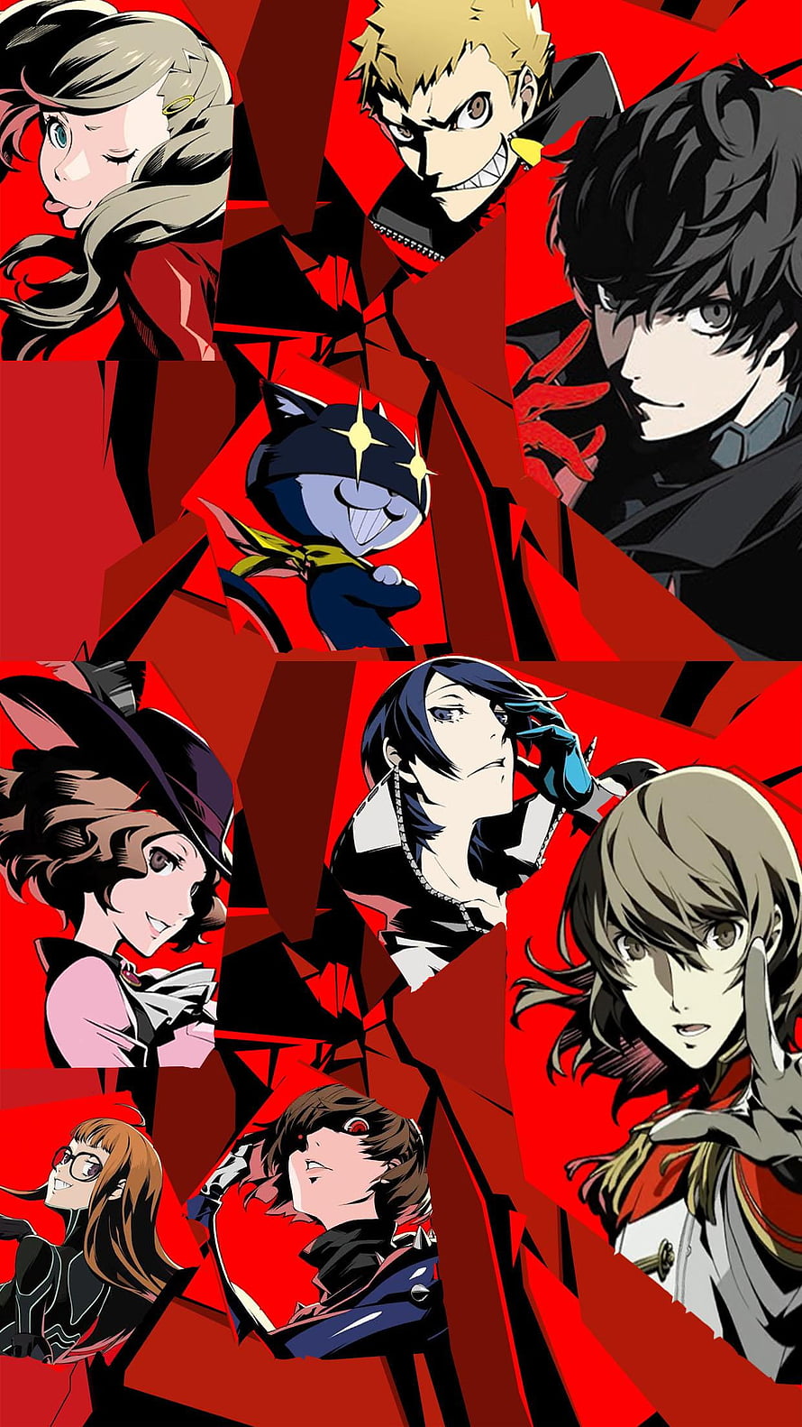 Persona 5 Royal Character Group Portrait on Red Geometric Background HD phone wallpaper