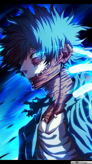 Dabi from My Hero Academia in a dramatic blue-lit anime portrait with glowing energy effects HD phone wallpaper