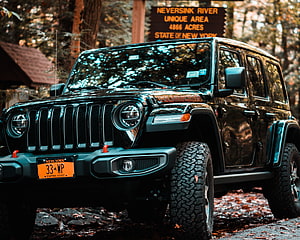 Black Jeep Wrangler Rubicon parked in a forest with New York license plate HD wallpaper