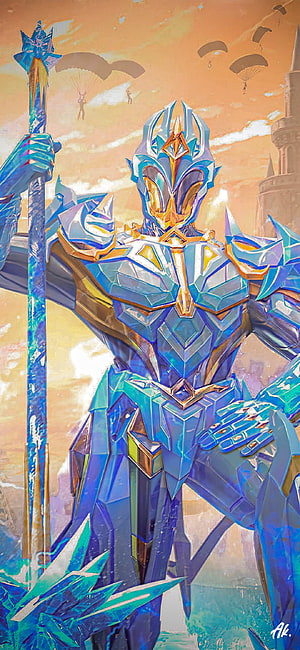 Avalanche X Suit Character in Blue Crystal Armor Holding a Staff HD phone wallpaper