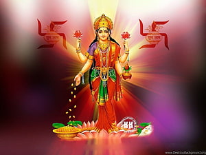 Goddess Lakshmi Standing on Lotus with Gold Coins and Diyas HD wallpaper