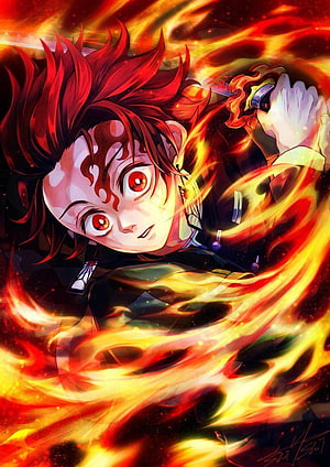 Tanjiro Kamado Fire Breathing Anime Illustration from Demon Slayer HD phone wallpaper