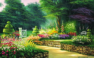 Lush Topiary Garden Scene With Colorful Flowers And Stone Path HD wallpaper